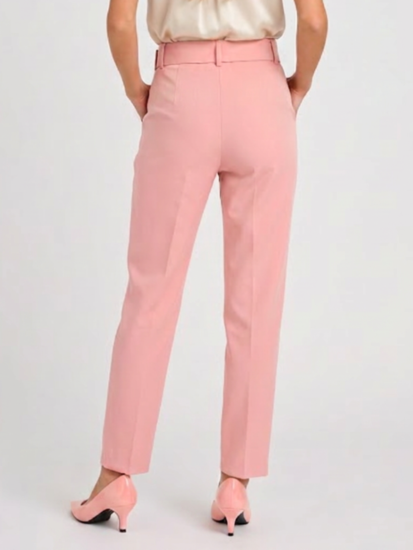 Powder Pink High Waist Buttoned Pants With Belt