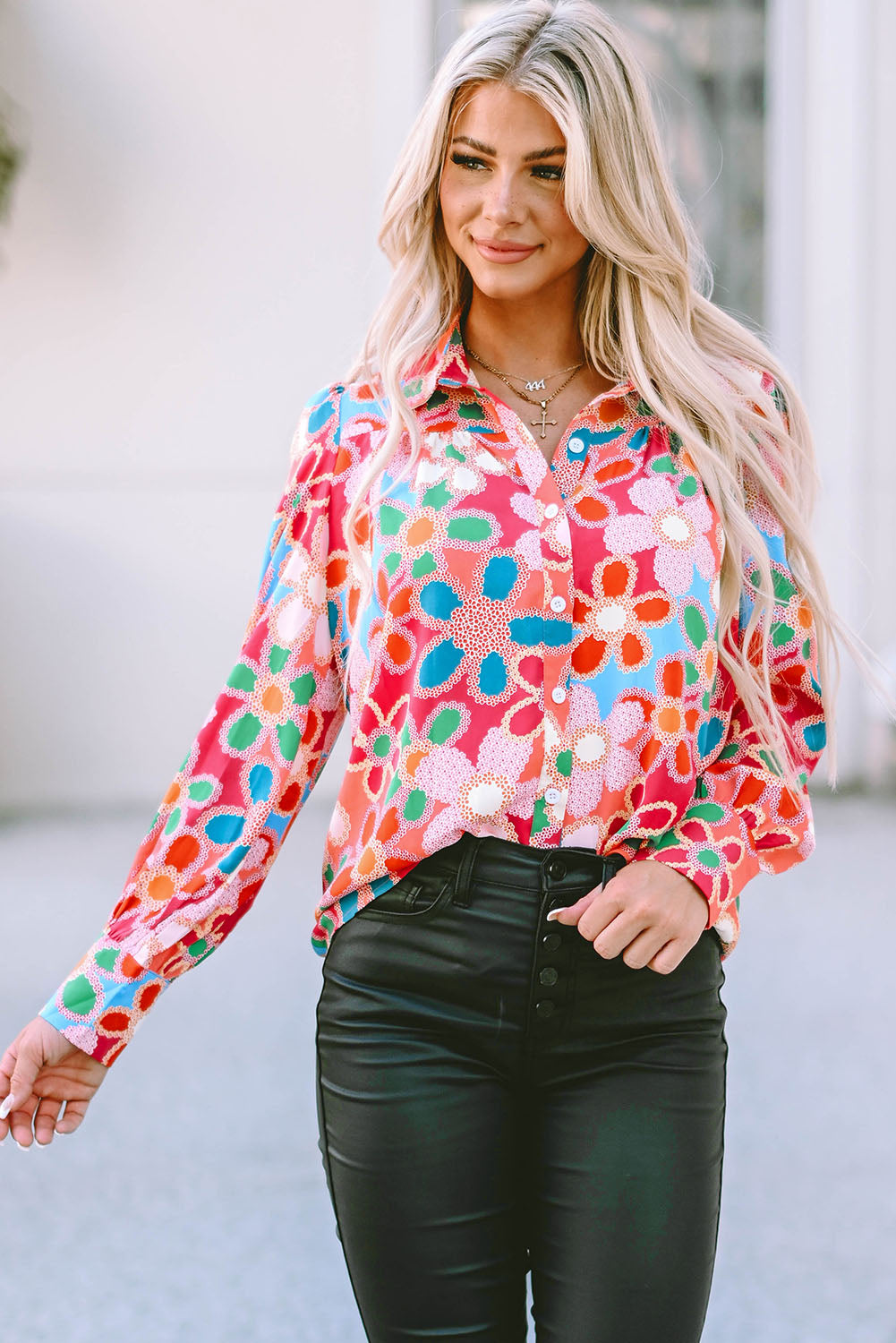 Multicolor Retro Daisy Floral Print Bubble Sleeve Shirt