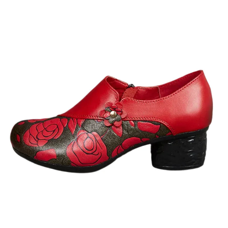 Floral Print Chunky Heel Pumps – Genuine Leather Round Toe Shoes