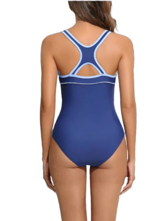 Blue Racerback One-Piece Swimsuit – Zipper Front Sports Swimwear
