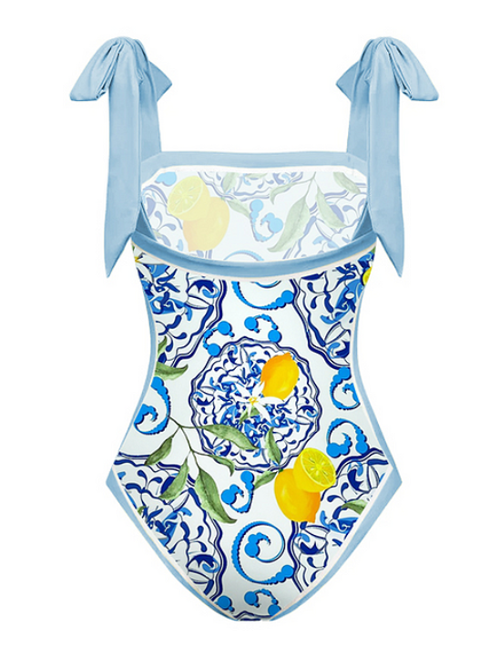 Elegant Summer Citrus Mosaic One-Piece Swimsuit with Skirt