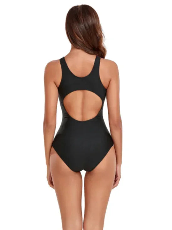 Black & Pink Sporty Bodysuit Swimsuit – Solid One-Piece Backless Bikini
