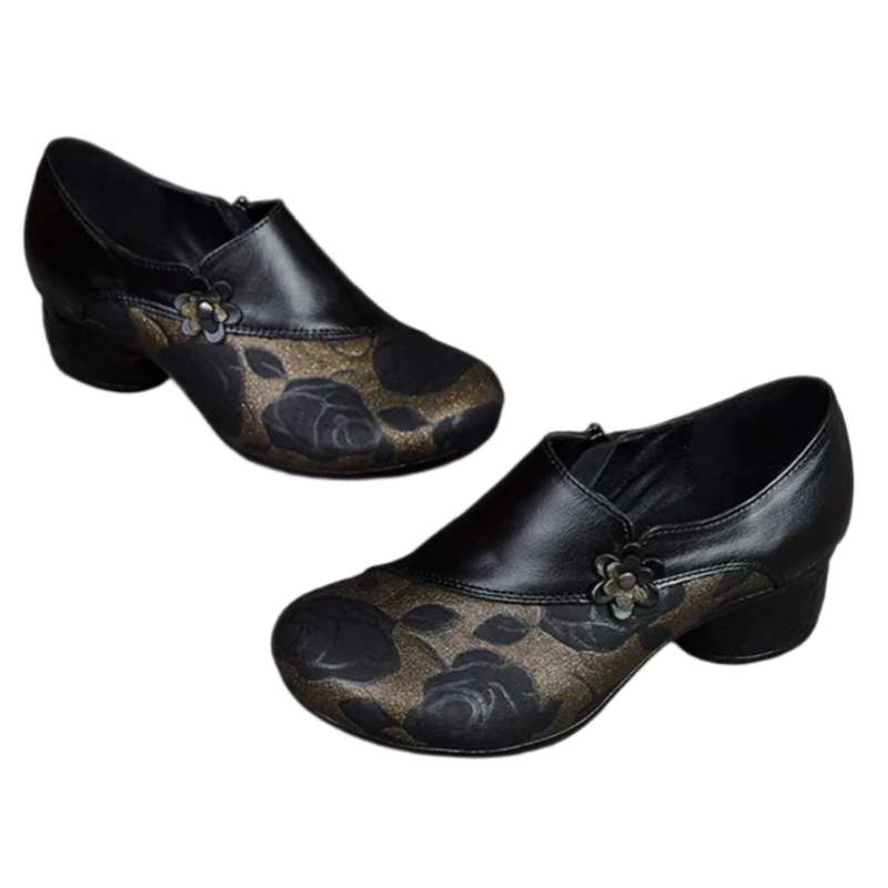 Floral Print Chunky Heel Pumps – Genuine Leather Round Toe Shoes