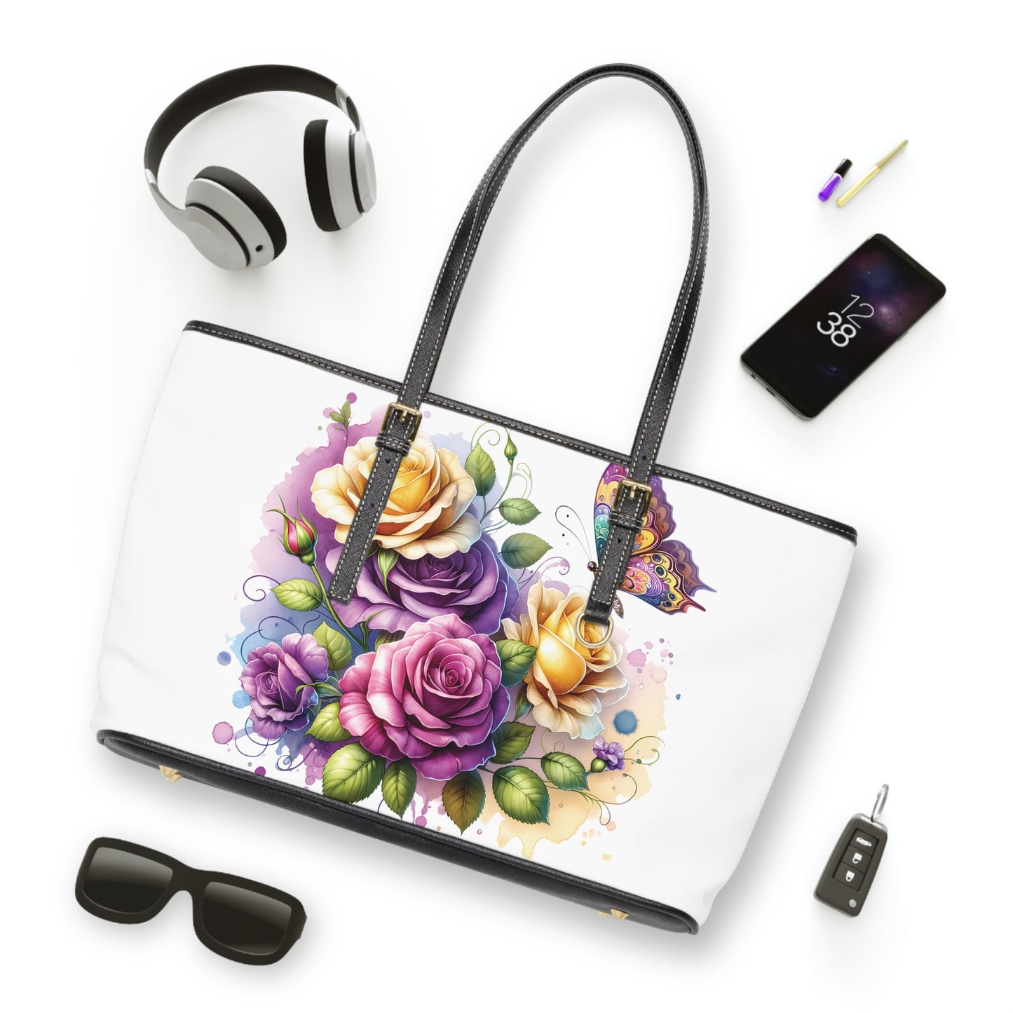 Purple & Yellow Rose Print Tote Bag to Match Tumbler Drinkware