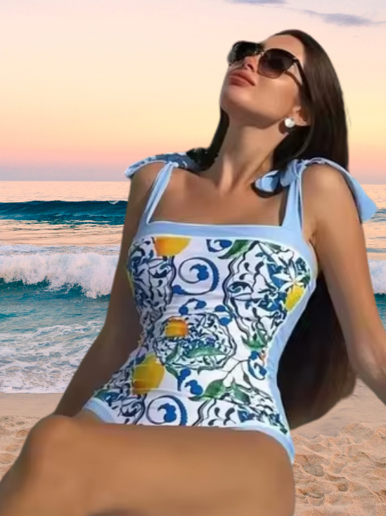 Elegant Summer Citrus Mosaic One-Piece Swimsuit with Skirt