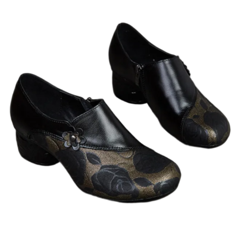 Floral Print Chunky Heel Pumps – Genuine Leather Round Toe Shoes