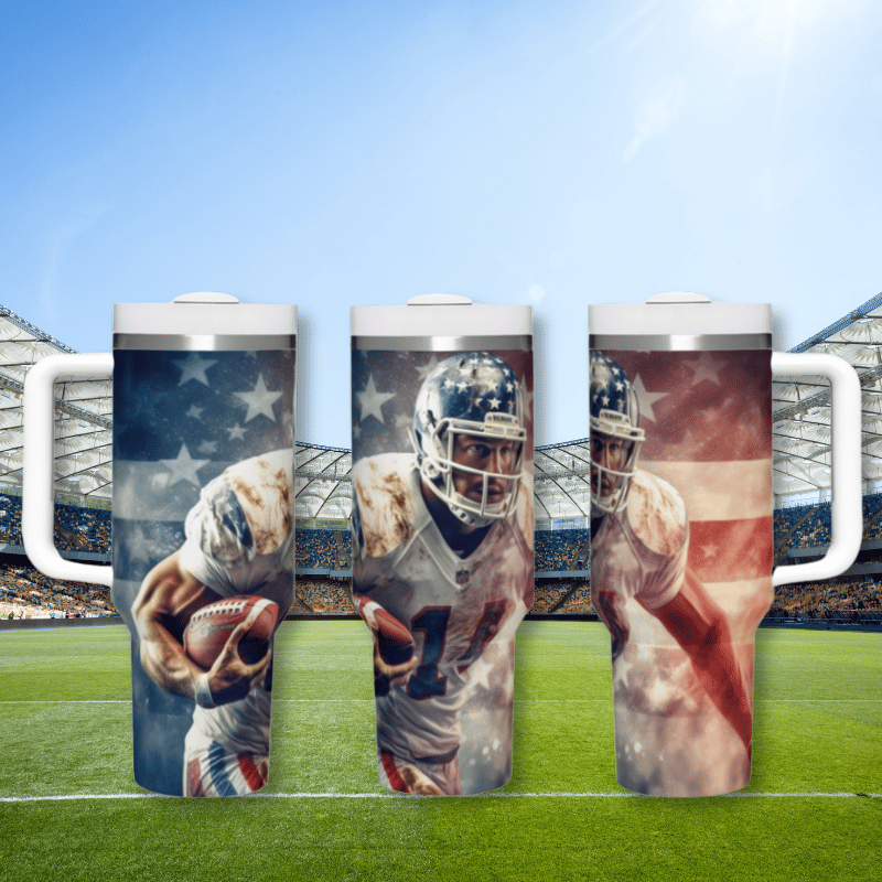 a set of three travel mugs with a football player on them