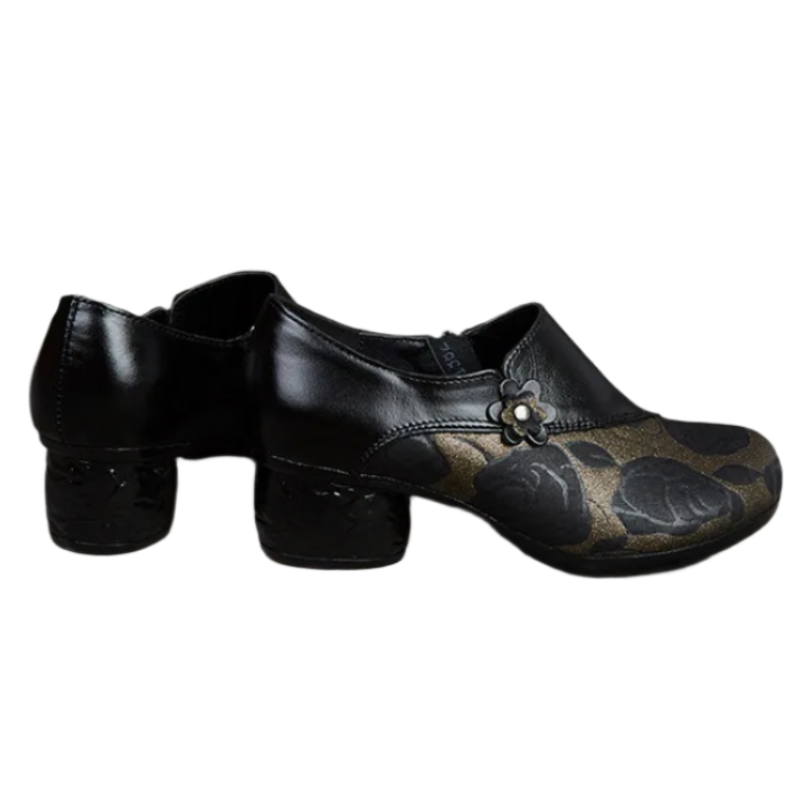Floral Print Chunky Heel Pumps – Genuine Leather Round Toe Shoes