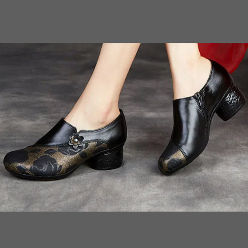 Floral Print Chunky Heel Pumps – Genuine Leather Round Toe Shoes
