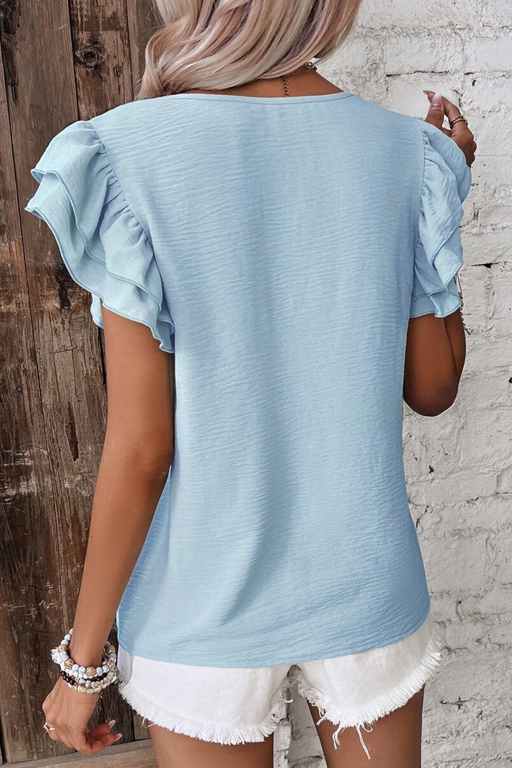 Misty Blue Solid Color Ruffled Short Sleeve Casual Blouse