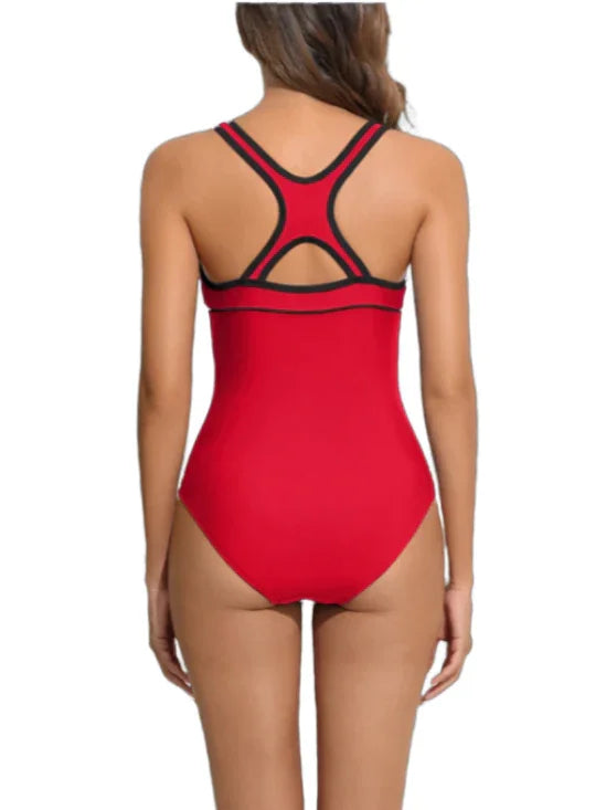 Red Racerback One-Piece Swimsuit – Zipper Front Sports Swimwear