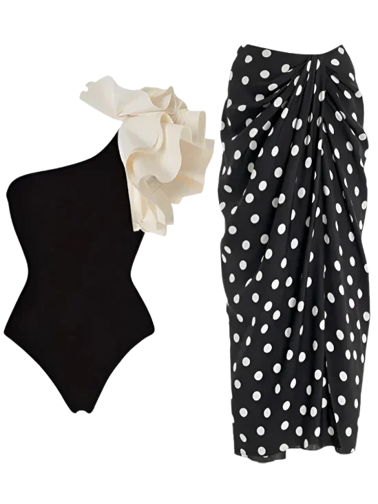 One-Shoulder Floral Swimsuit Set with Ruffle Detail & Cover-Up – Women’s Beachwear