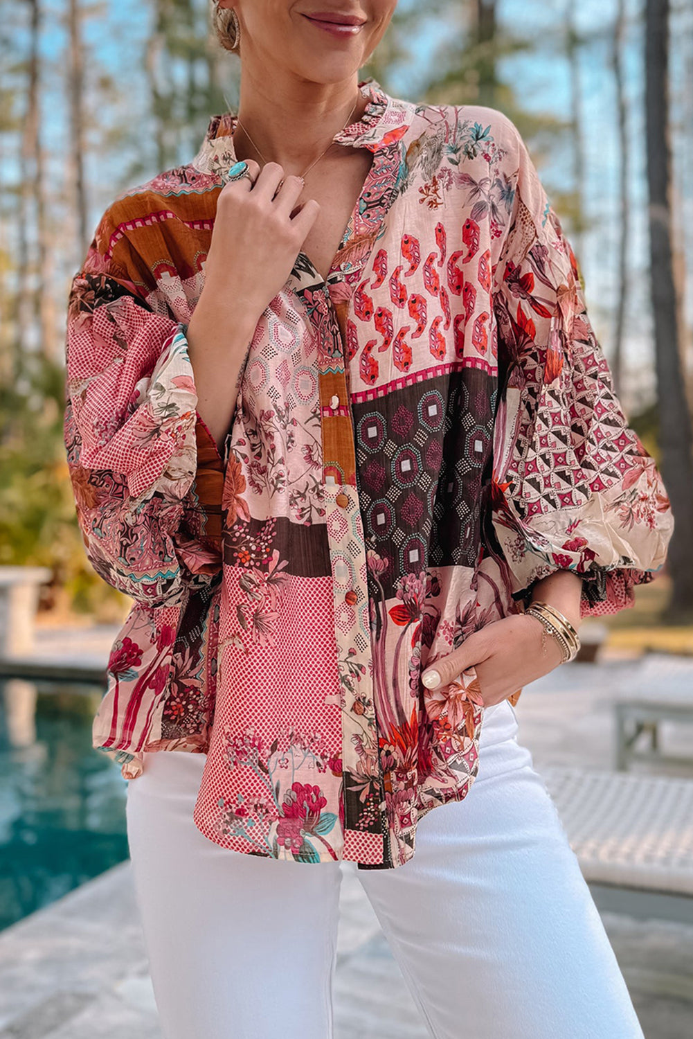 Vintage Boho Geometric Mixed Print Patchwork Bubble Sleeve Shirt