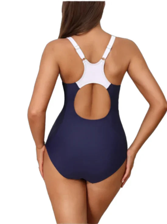 Navy & Print One-Piece Swimsuit – Patchwork Racerback