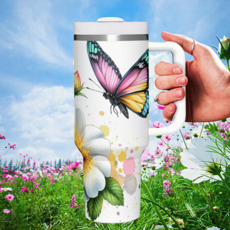 a hand holding a coffee mug with a butterfly on it