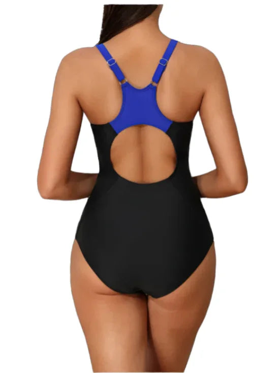 Black & Blue One-Piece Swimsuit – Patchwork Racerback