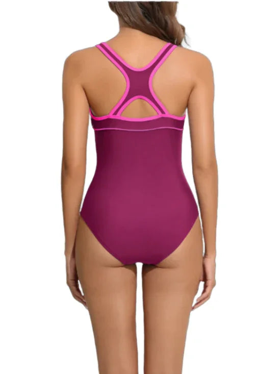 Burgundy Racerback One-Piece Swimsuit – Zipper Front Sports Swimwear