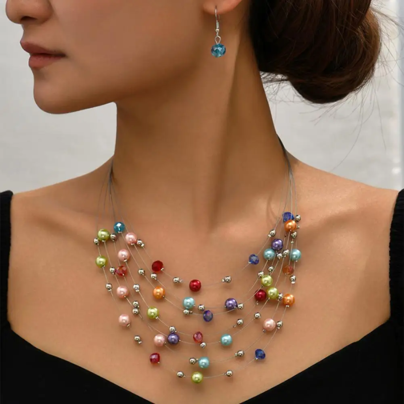 Colorful Pearl Necklace And Earrings