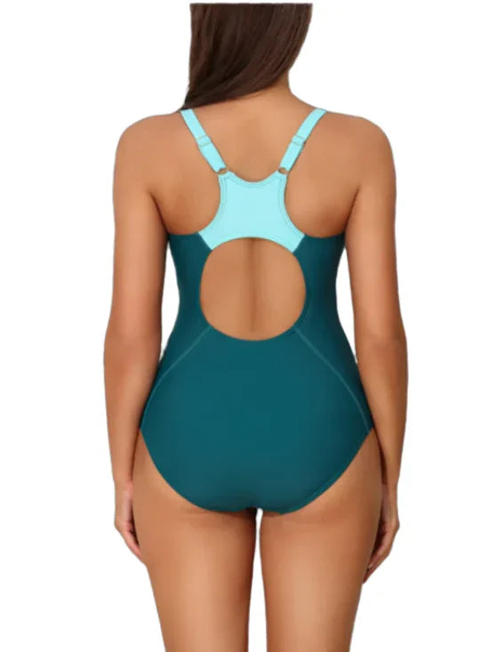 Deep Sea Green-Sky Blue Professional One-Piece Swimsuit – Patchwork Racerback Training Swimwear