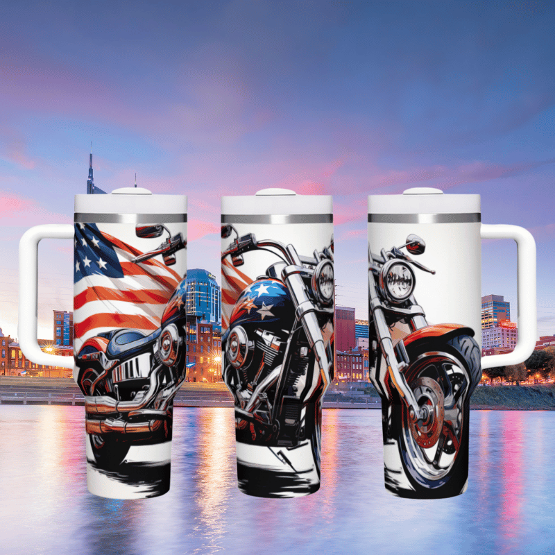 a couple of coffee mugs with a picture of a motorcycle