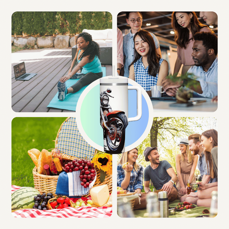 a collage of photos of people having a picnic