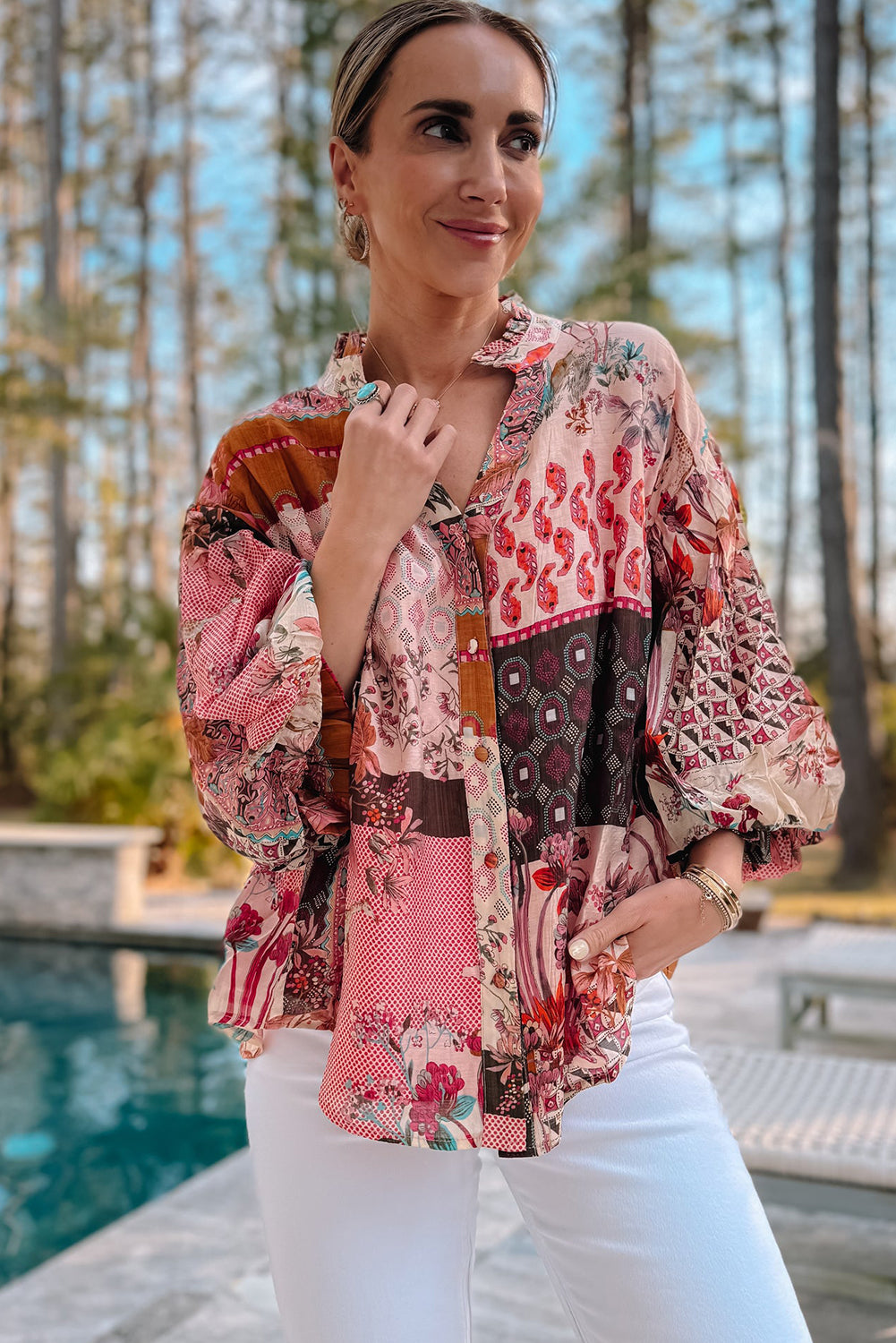 Vintage Boho Geometric Mixed Print Patchwork Bubble Sleeve Shirt