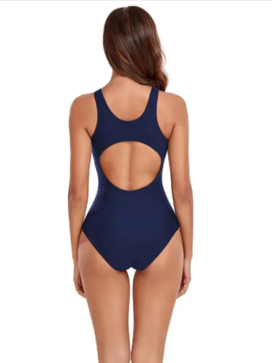 Navy & Blue Sporty Bodysuit Swimsuit – Solid One-Piece Backless Bikini