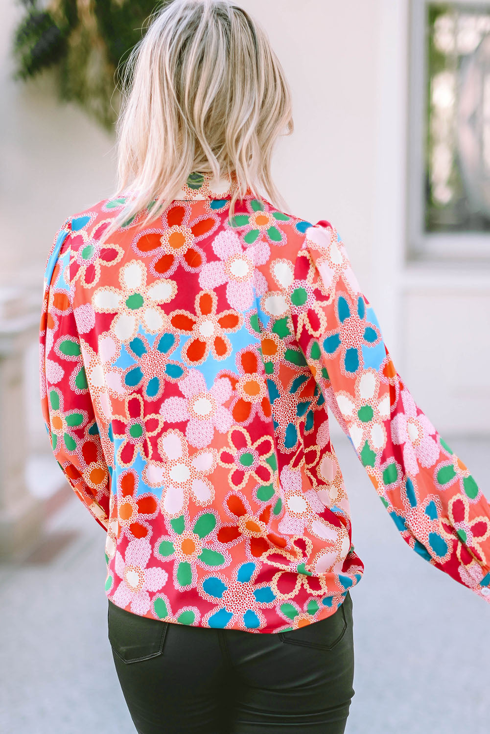 Multicolor Retro Daisy Floral Print Bubble Sleeve Shirt