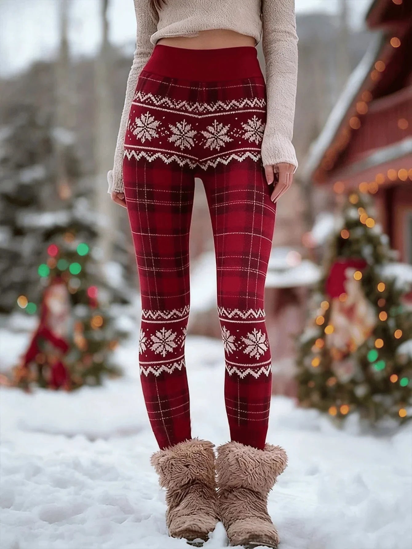Cozy Snowflake Print Christmas Fleece Lined Warm Leggings