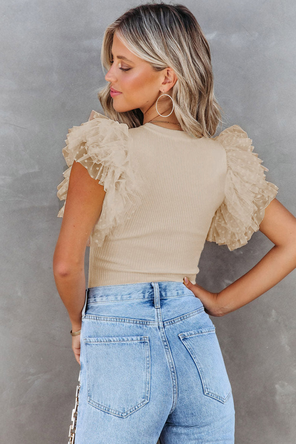 Beige - Dotty Mesh Ruffle Sleeve Ribbed Knit Top