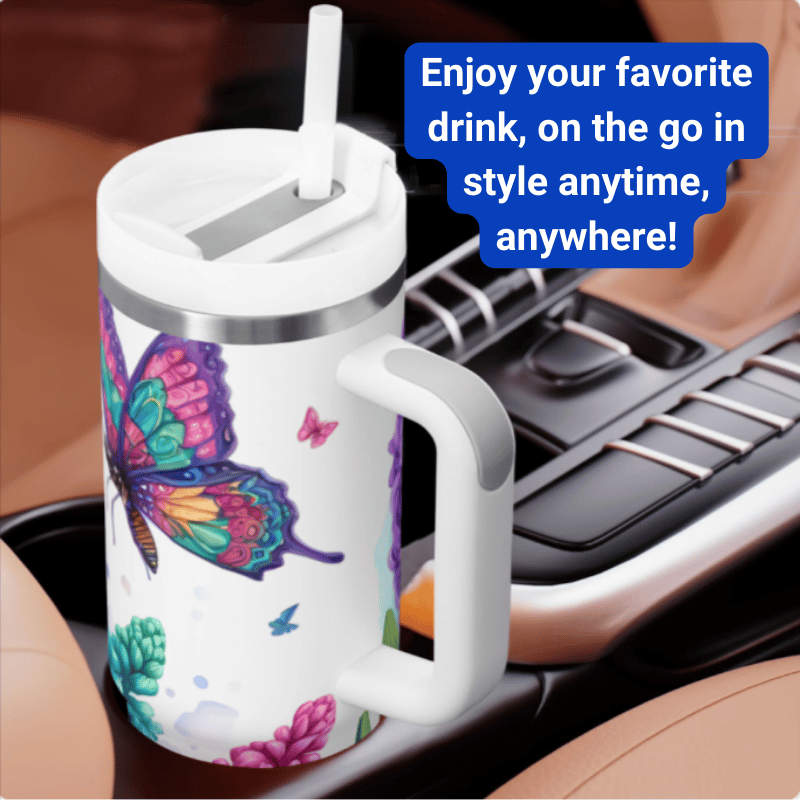 a travel mug with a butterfly design on it