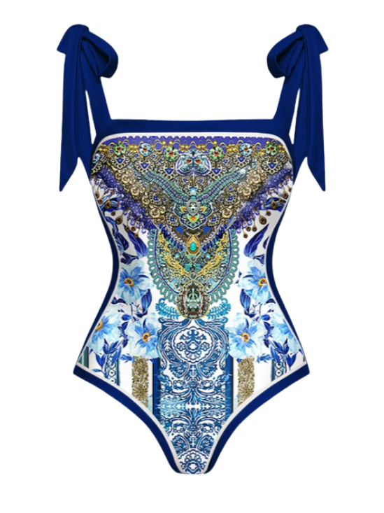 An Elegant Dolce & Gabbana Style One-Piece Swimsuit with Skirt