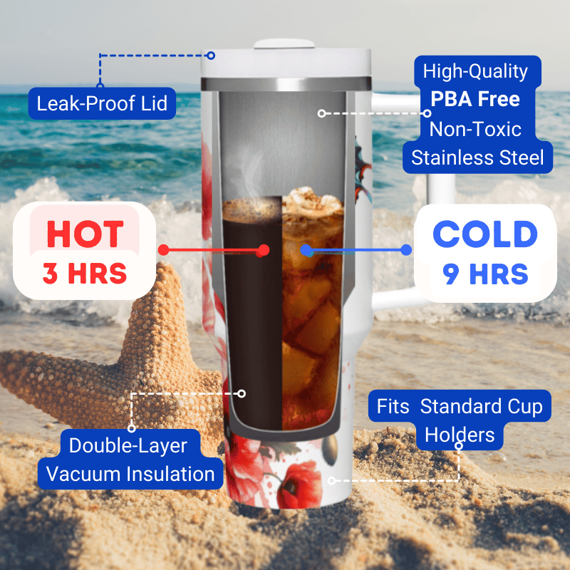a cup of coffee on the beach with information about it