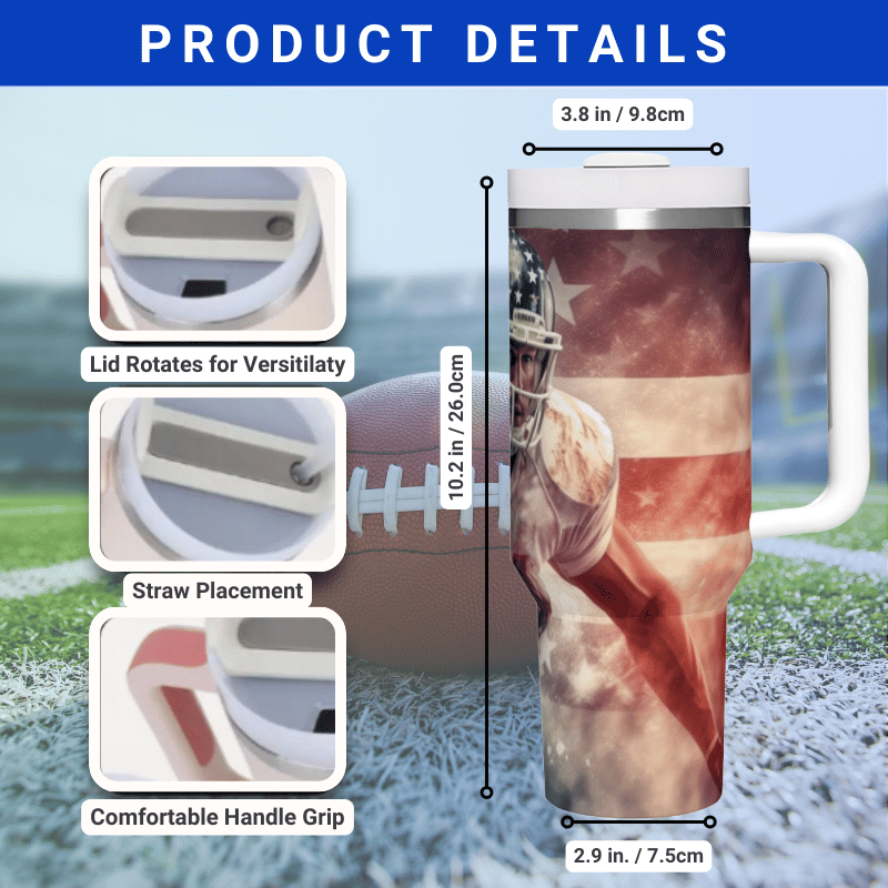 a picture of a football player on a field with the words product details printed on