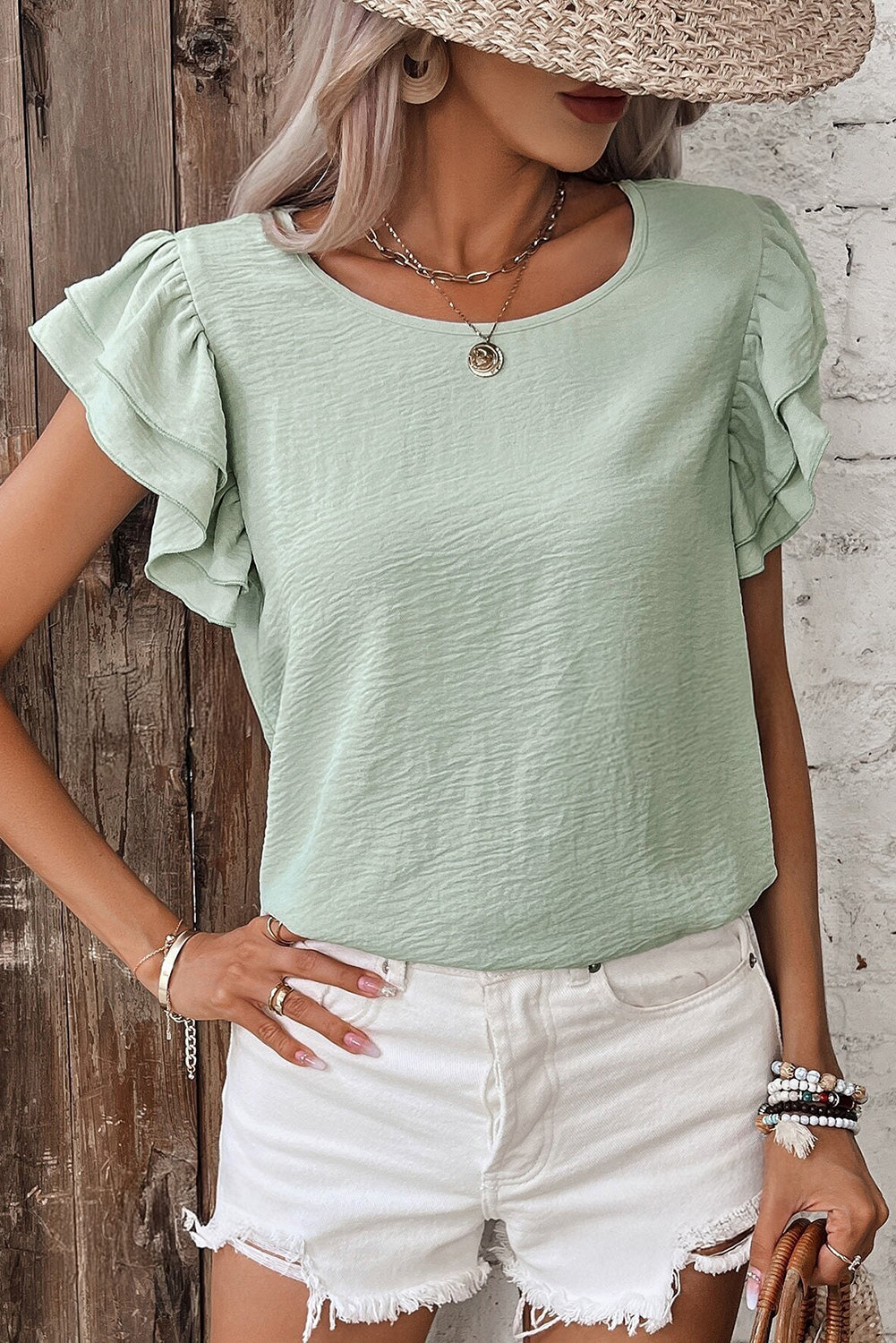 Mint Green Solid Color Ruffled Short Sleeve Casual Blouse