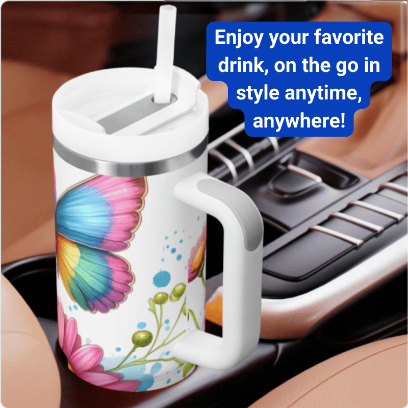 a coffee mug with a butterfly design on it