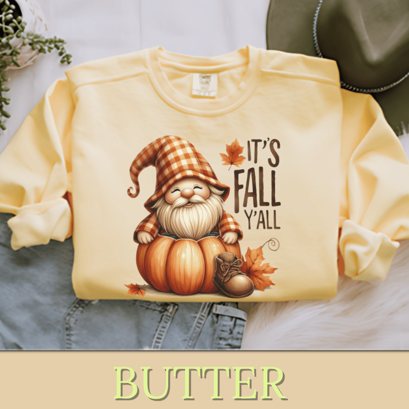 a yellow shirt with a gnome on it