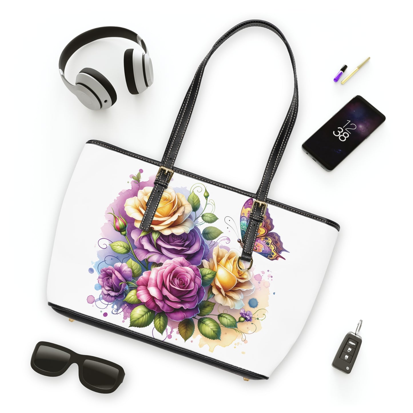 Purple & Yellow Rose Print Tote Bag to Match Tumbler Drinkware