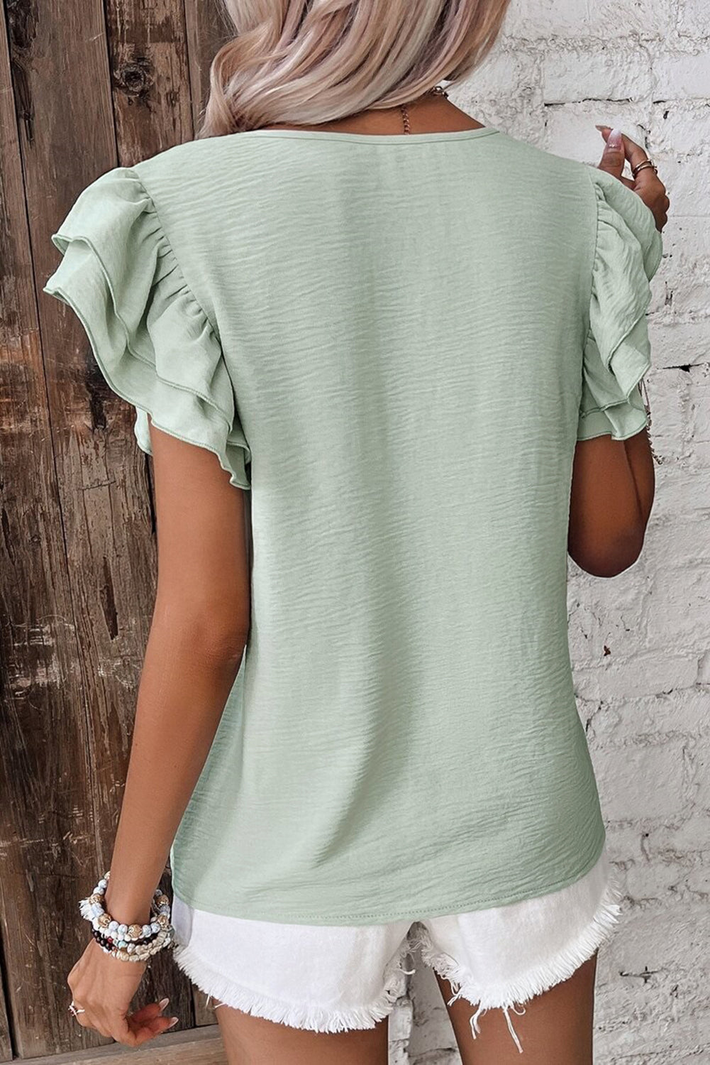 Mint Green Solid Color Ruffled Short Sleeve Casual Blouse