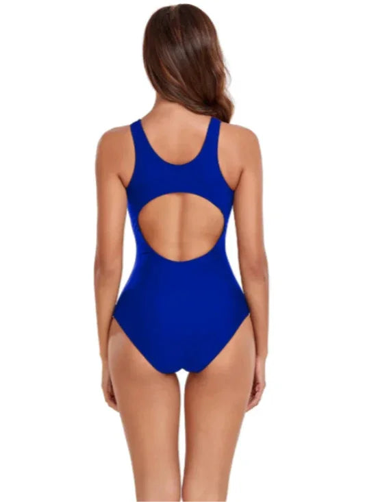 Blue & Orange Sporty Bodysuit Swimsuit – Solid One-Piece Backless Bikini