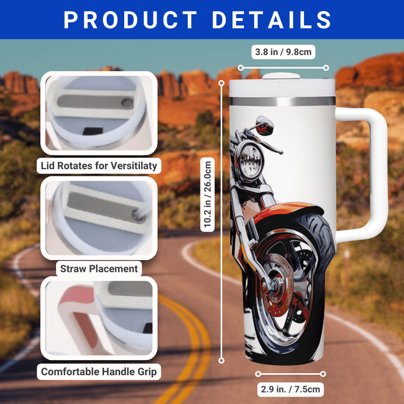 a picture of a mug with a picture of a motorcycle on it