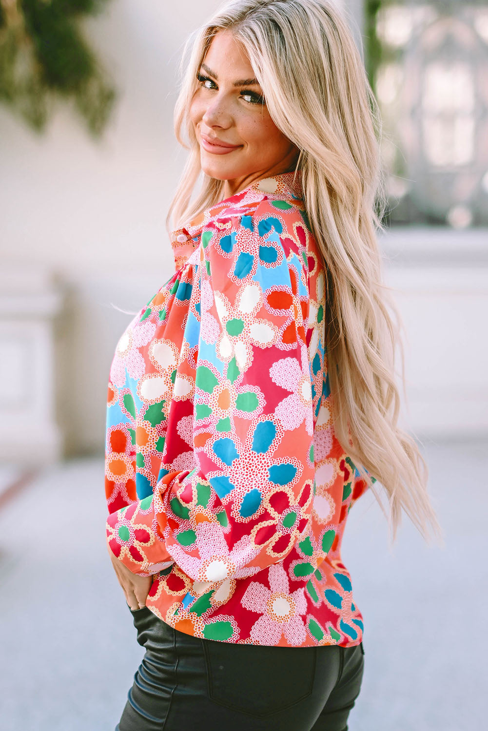 Multicolor Retro Daisy Floral Print Bubble Sleeve Shirt