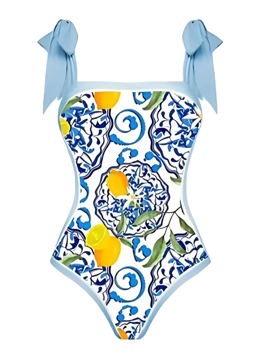 Elegant Summer Citrus Mosaic One-Piece Swimsuit with Skirt