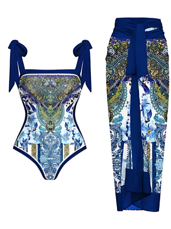 An Elegant Dolce & Gabbana Style One-Piece Swimsuit with Skirt