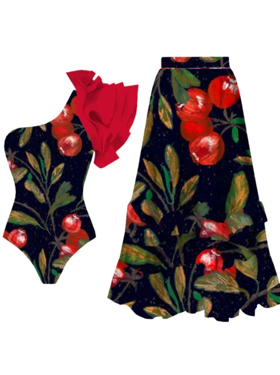 Ruffled Floral One-Piece Swimsuit with Matching Cover-Up – One-Shoulder Monokini for Women