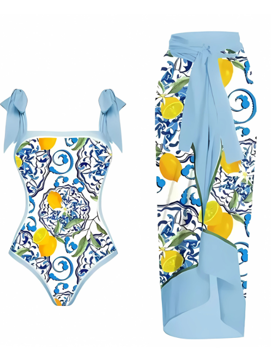 Elegant Summer Citrus Mosaic One-Piece Swimsuit with Skirt