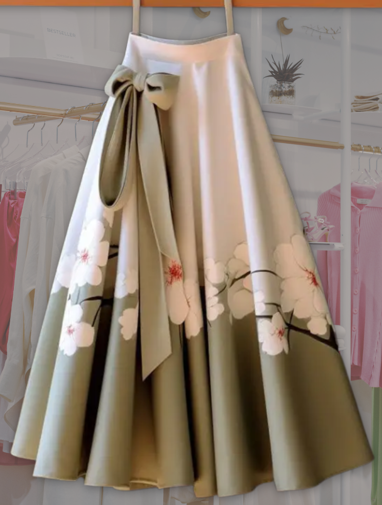 Large White Cherry Blossom Flower & Sage Colored Mid Length Spring Skirt