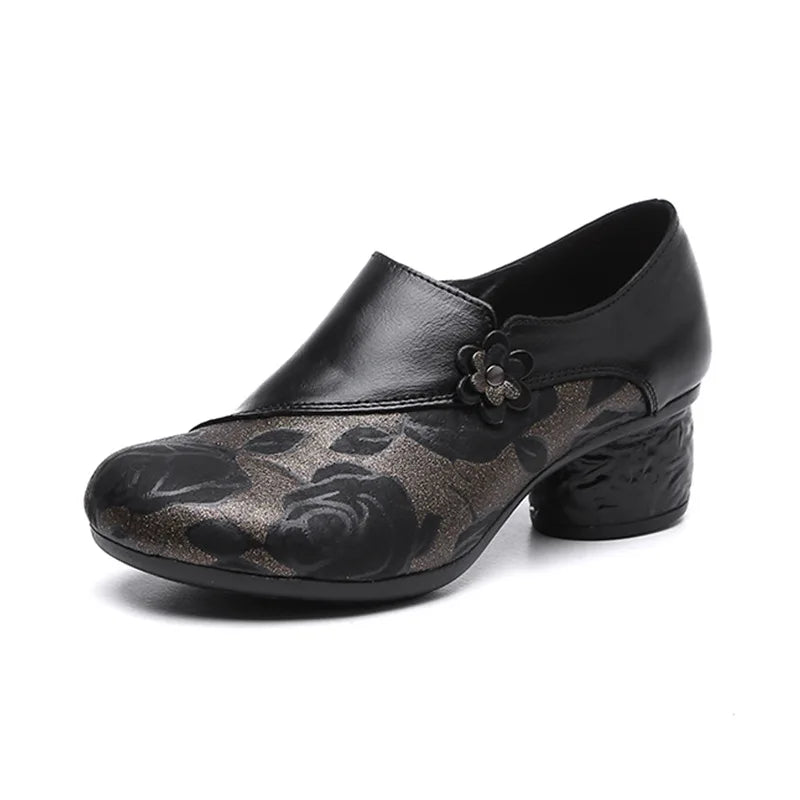 Floral Print Chunky Heel Pumps – Genuine Leather Round Toe Shoes