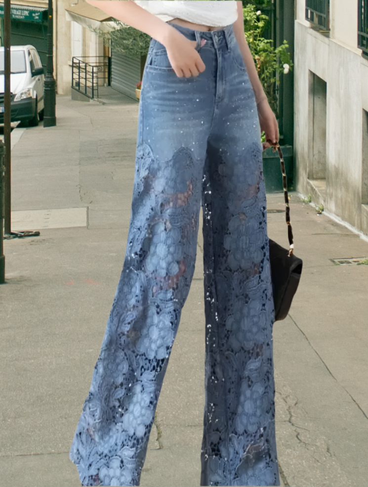 Women High Waist Lace Oversized Spring Jeans