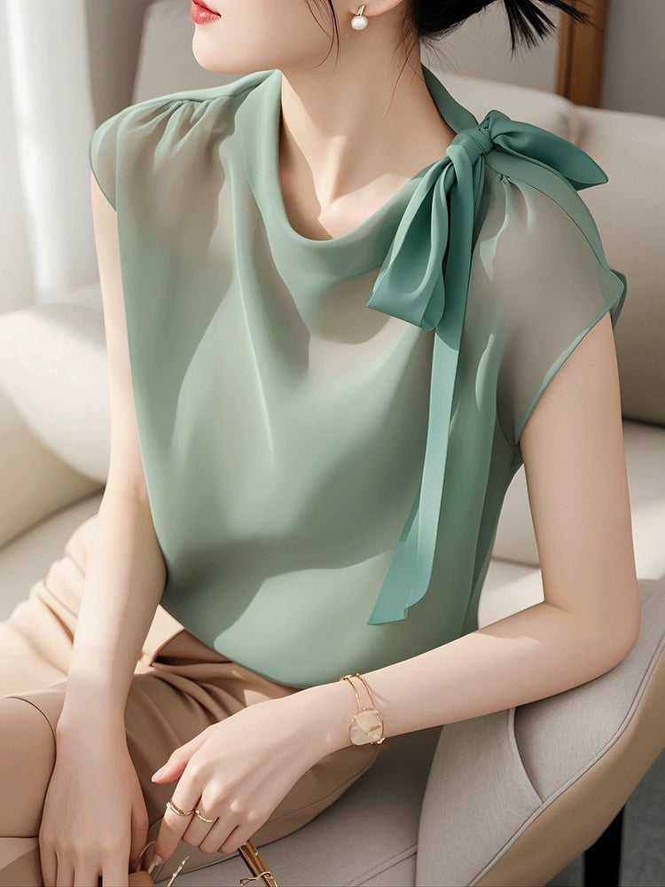 Green Chiffon Bow Blouse – Slim Fit Summer Top